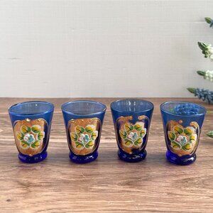 Vintage Venetian Glasses Cobalt Blue With Hand-Painted 24K Gold Gilt Floral Desi